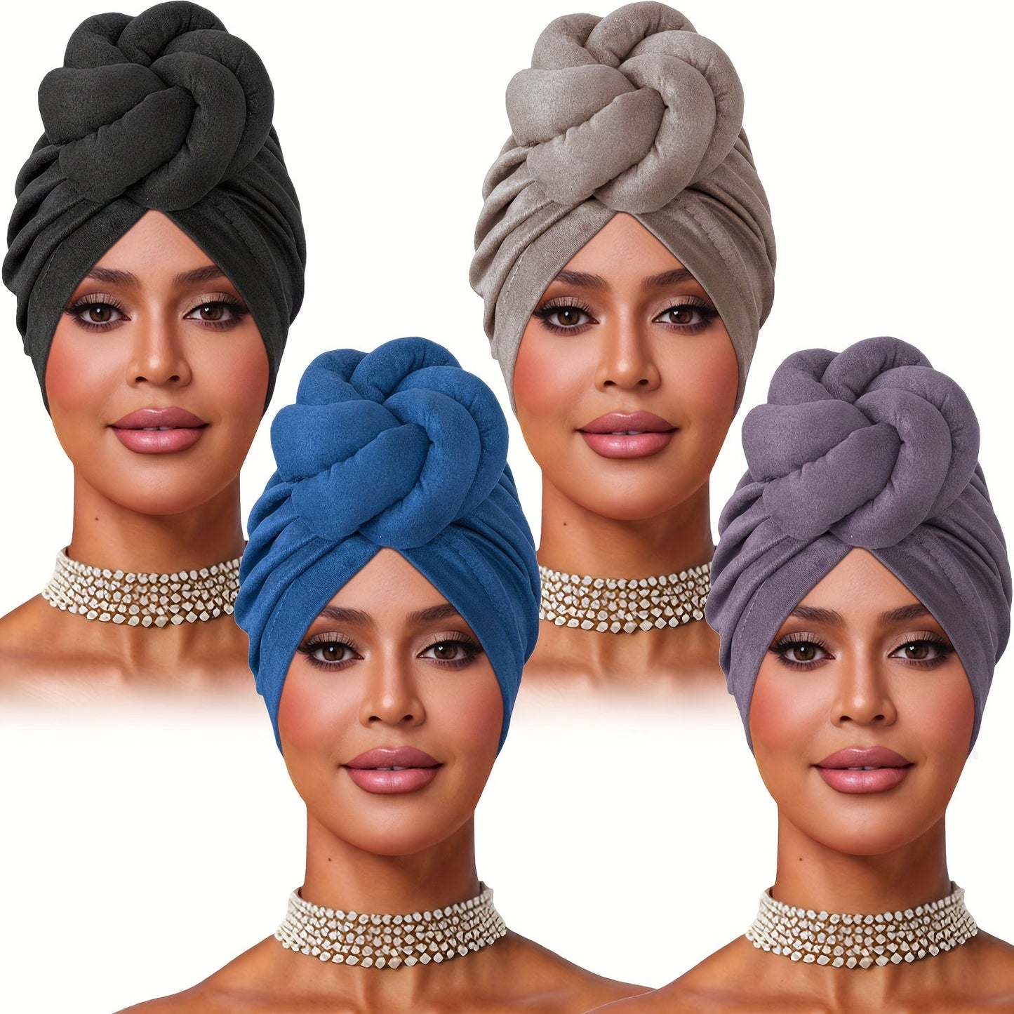 Turban Hat - Pre-tied 4pcs Set - Knotted Headscarf Floral Print Stretch Hair Cap for - product detail view 18