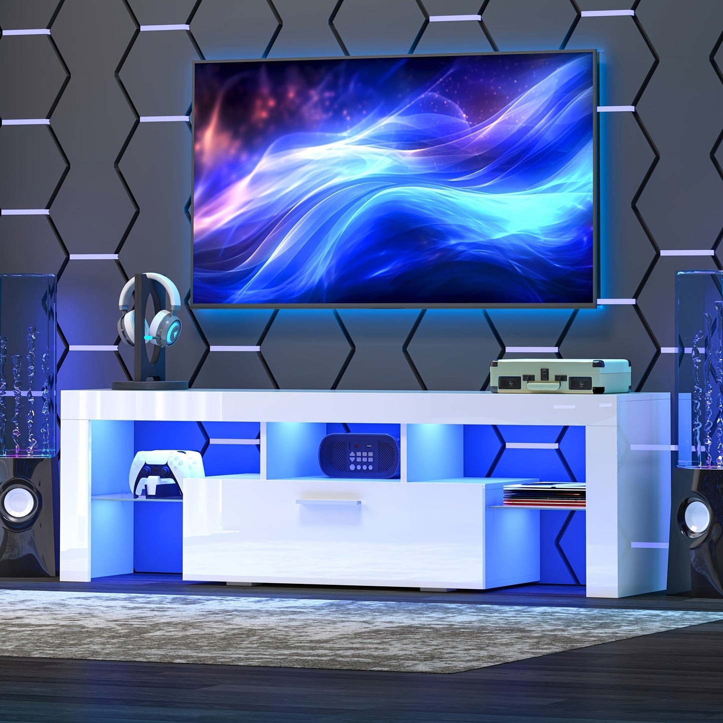 TV Stands and Entertainment Centers shown in the White, L51 Inches, for TVs below 55" option