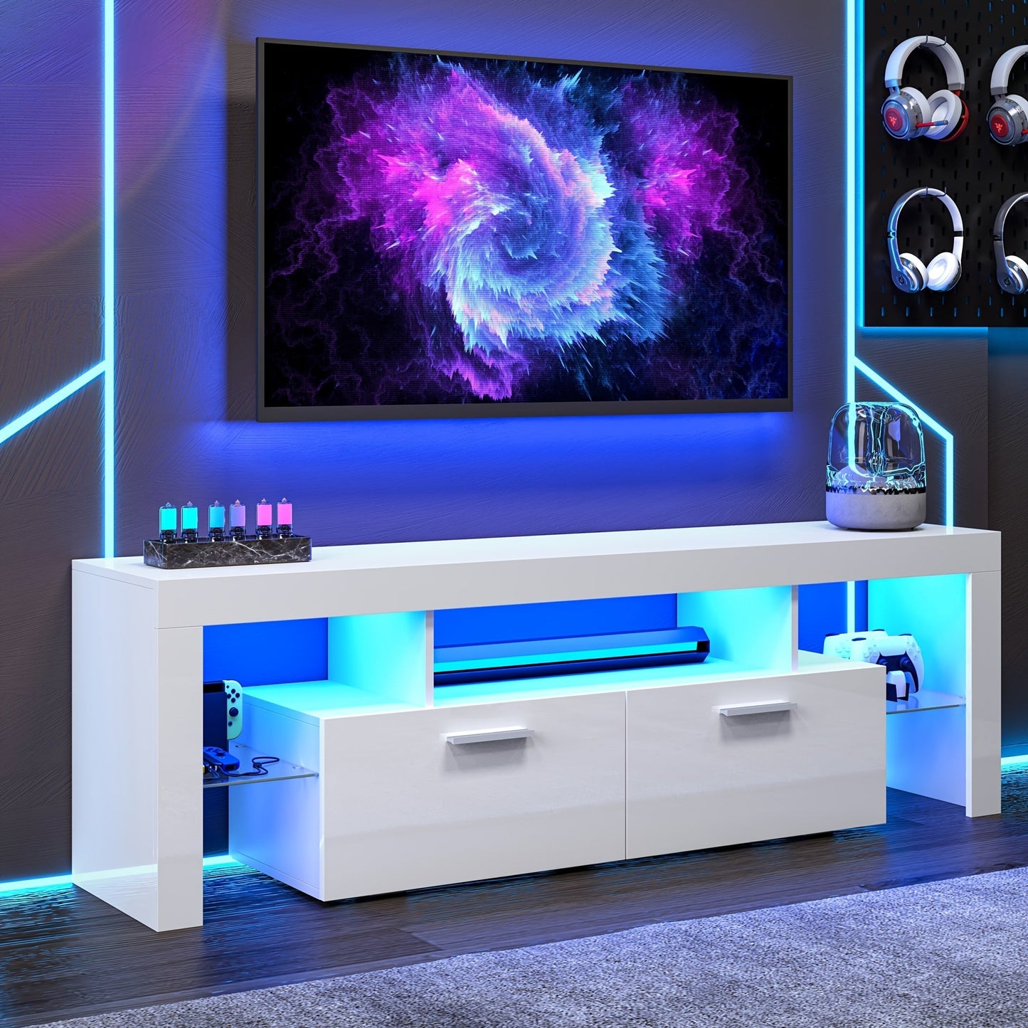 TV Stands and Entertainment Centers shown in the White, L63 Inches, for TVs below 75" option