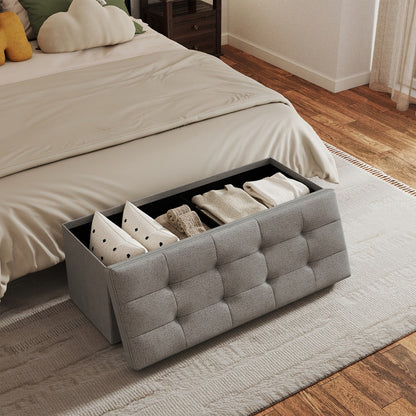Ottoman, Upholstered Storage Bench 500 LB Capacity Thick Padded Seat, Leather & Linen End shown in the main product view