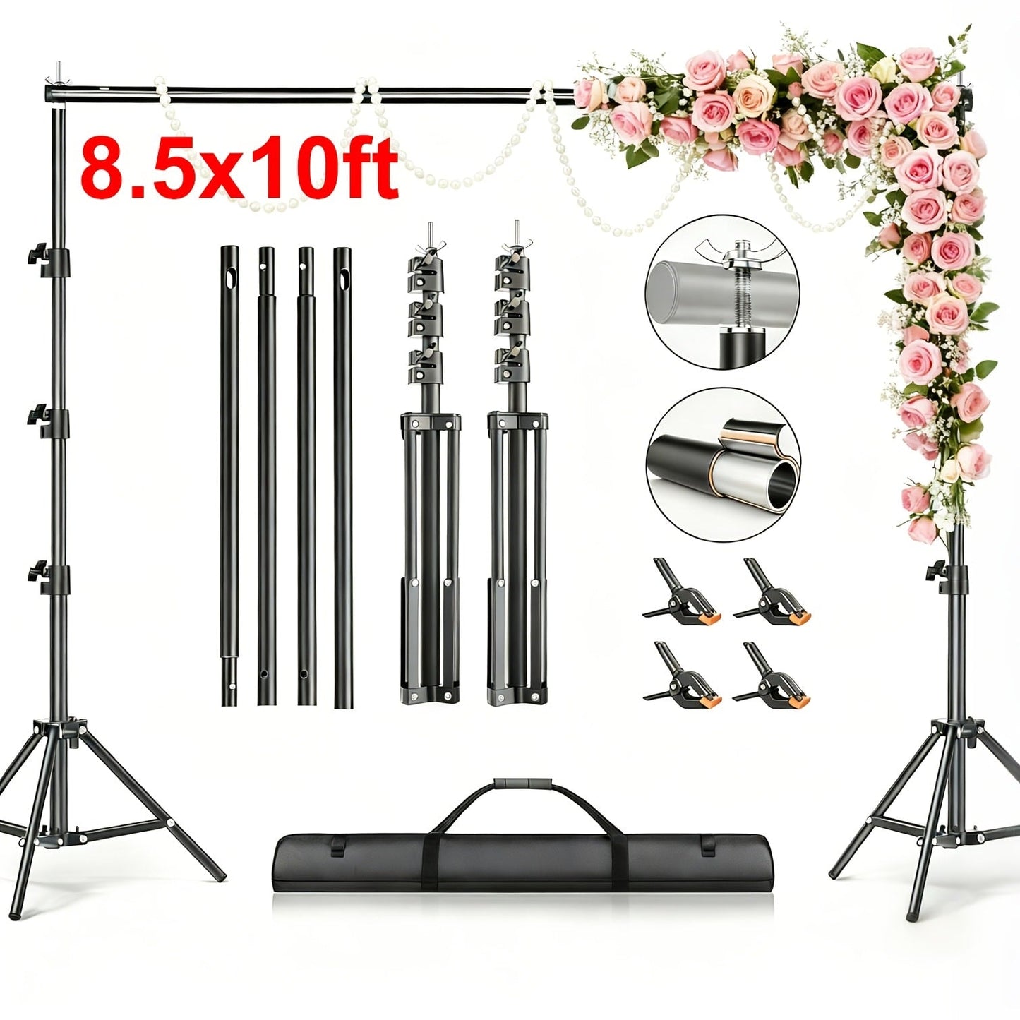 Multi-Size Adjustable Backdrop Stand Kit 10x10ft & 6.5x6.5ft – Heavy Duty Sturdy Background Support System for Photo Studio, Wedding