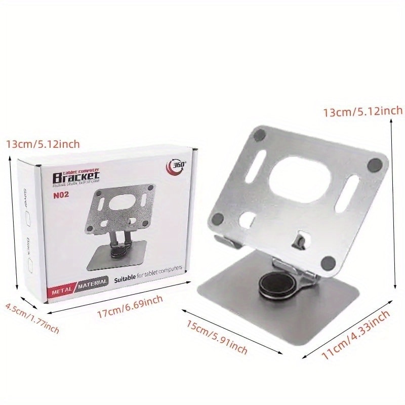Black or Silver Rotating Tablet Stand with Foldable Metal Desktop Base and 17 × 15 × 11 cm Package Dimensions