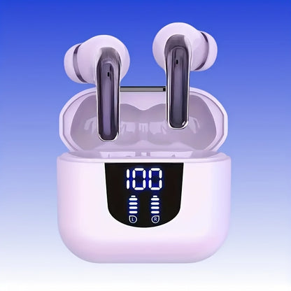 Bass Stereo Wireless Earphones Bluetooth 5.4, Playtime In-Ear Earbuds with Noise Cancelling Mic & LED Display