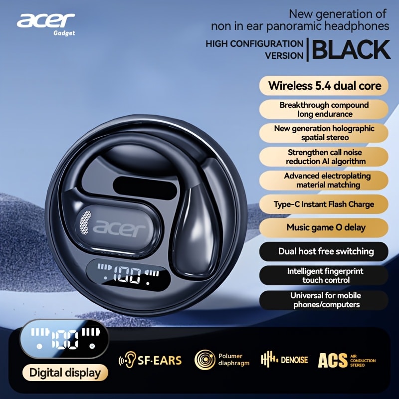 Wireless Earbuds Acer OHR510 Bluetooth 5.4 with Touch Controls, USB-C Case and Black or Beige Options