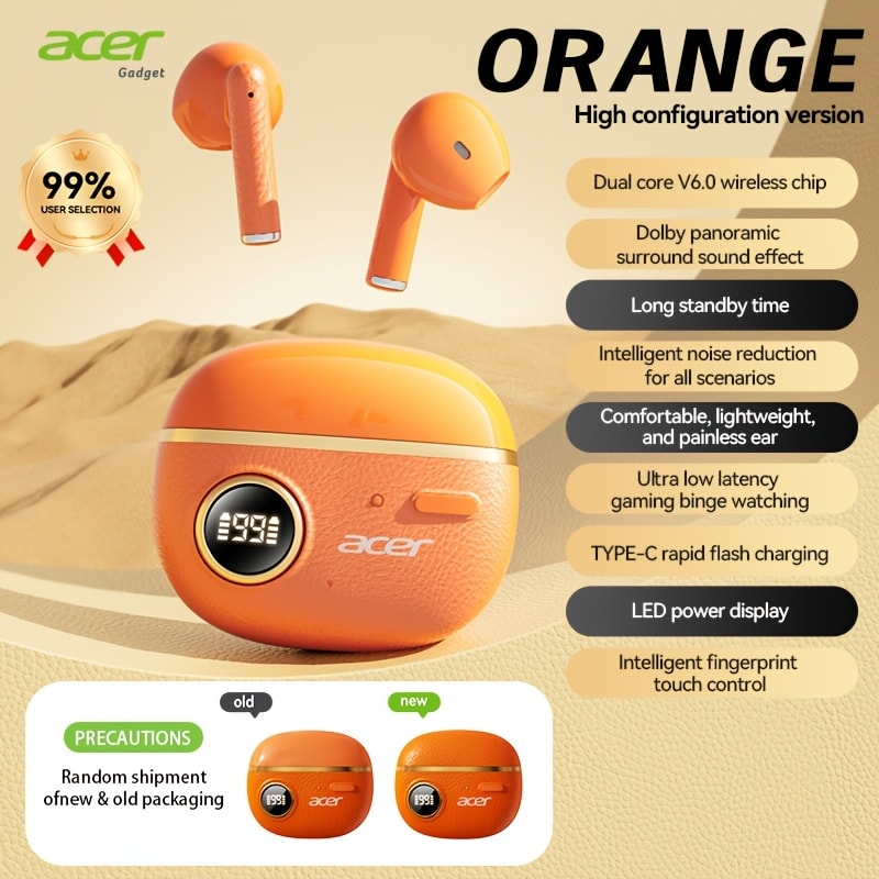 Wireless Earbuds Acer TWS with Active Noise Cancellation, Touch Controls and Orange, Black or Beige Options