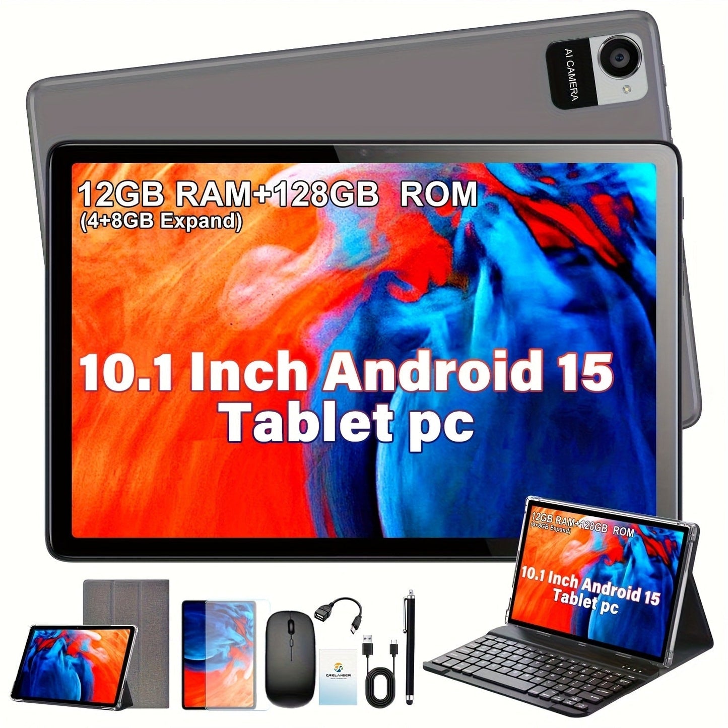 CRELANDER 10.1 Inch Android 15 Tablet 2-in-1 with Wireless Keyboard, Mouse, Case & Stylus, 128GB ROM 12GB RAM 1TB Expandable