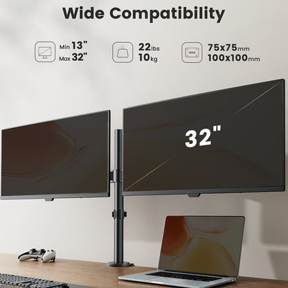 Adjustable Dual Monitor Arm for 13-32 Inch Screens, VESA 75x75/100x100mm, 45° Tilt 90° Swivel 360° Rotation