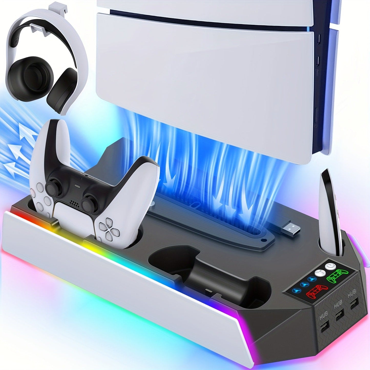 Headset Holder PS5 Cooling Stand with RGB Light, 3-Level Fan, Controller Charger & 3 USB Ports