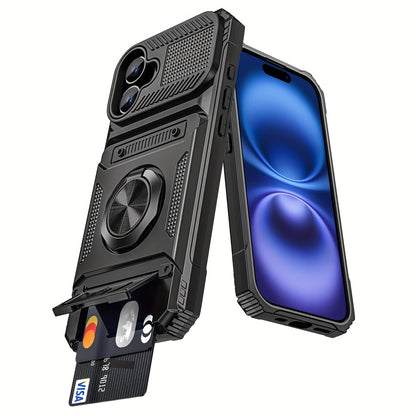 Phone Case Dual-Card Hard Shell Cover with 360-Degree Ring Kickstand for Select iPhone 14, 16 and 17 Models