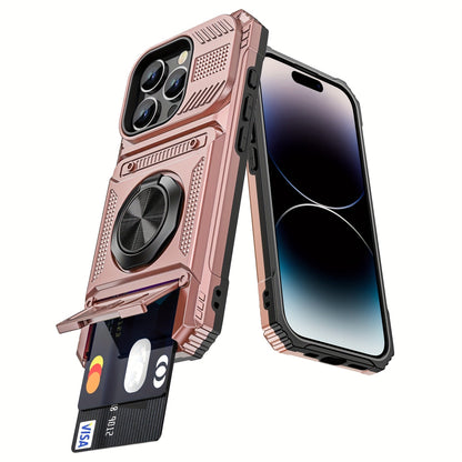 Phone Case Dual-Card Hard Shell Cover with 360-Degree Ring Kickstand for Select iPhone 14, 16 and 17 Models