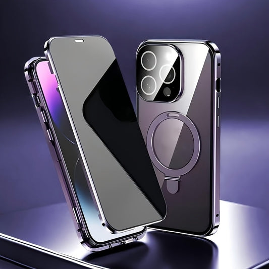Phone Case Privacy-Panel Double-Sided Tempered Glass Cover with Snap Lock and Kickstand for iPhone 15 Models