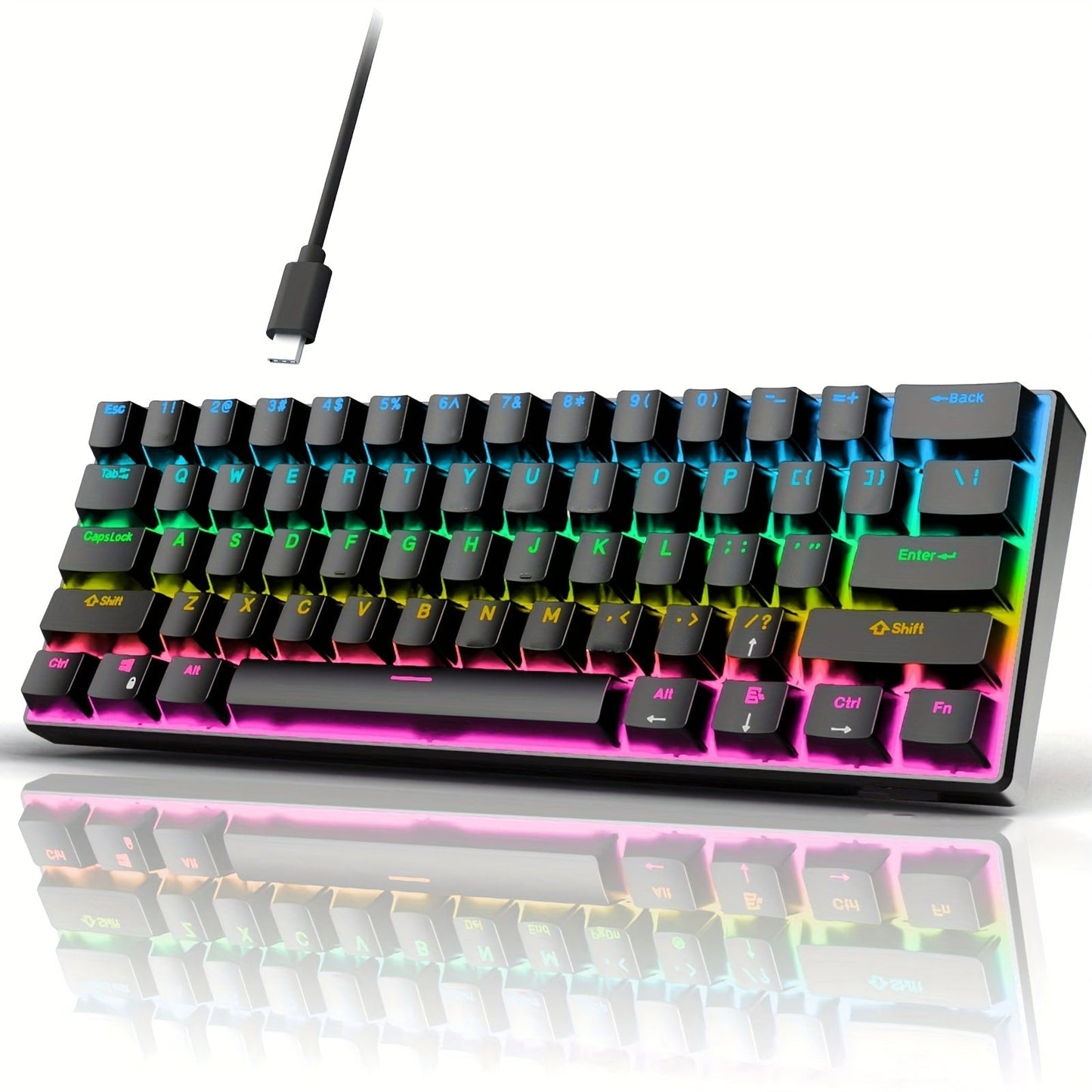 Mechanical Keyboard 61-Key Compact Wired Layout with Blue Switches, RGB Backlighting and Four Color Options