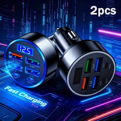 6-in-1 Car Charger 2-Pack with Ambient Light & Voltage Display, Dual PD Fast Charge + QC3.0 + 4 USB Ports Matte Finish