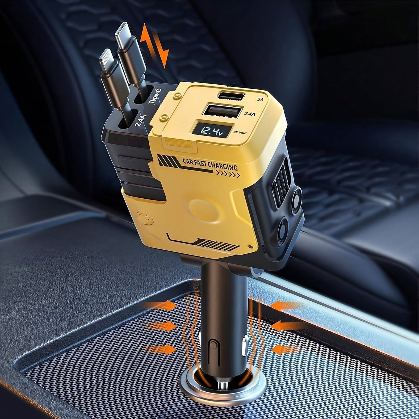 120W Fast Car Charger 4-in-1 with Retractable PD 3.0 Type-C Cable & Multi-Port USB Adapter