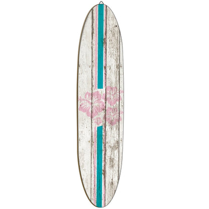 Wooden Surfboard Wall Art 15.74", Rustic Tropical Beach Decor with Hibiscus & Tiki Mask Design