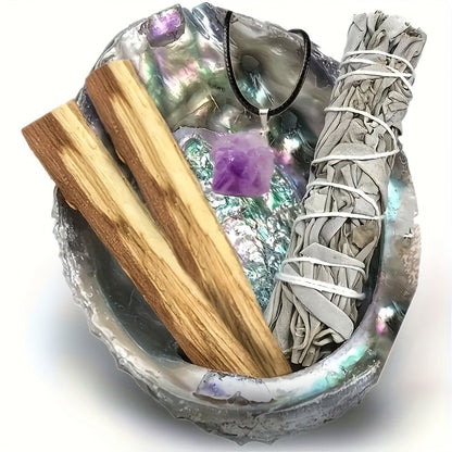 Sage Smudge Kit with Abalone Shell, White Sage Bundle, Holy Wood Palo Santo, Amethyst Crystal Necklace