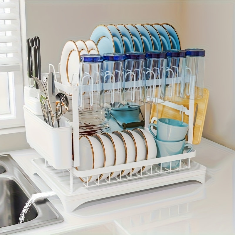 Dish Drying Rack 2 Tier with Drainboard for Kitchen Counter Metal Dish Drainer with Utensil for Home Cooking, Dining and Outdoor Meals
