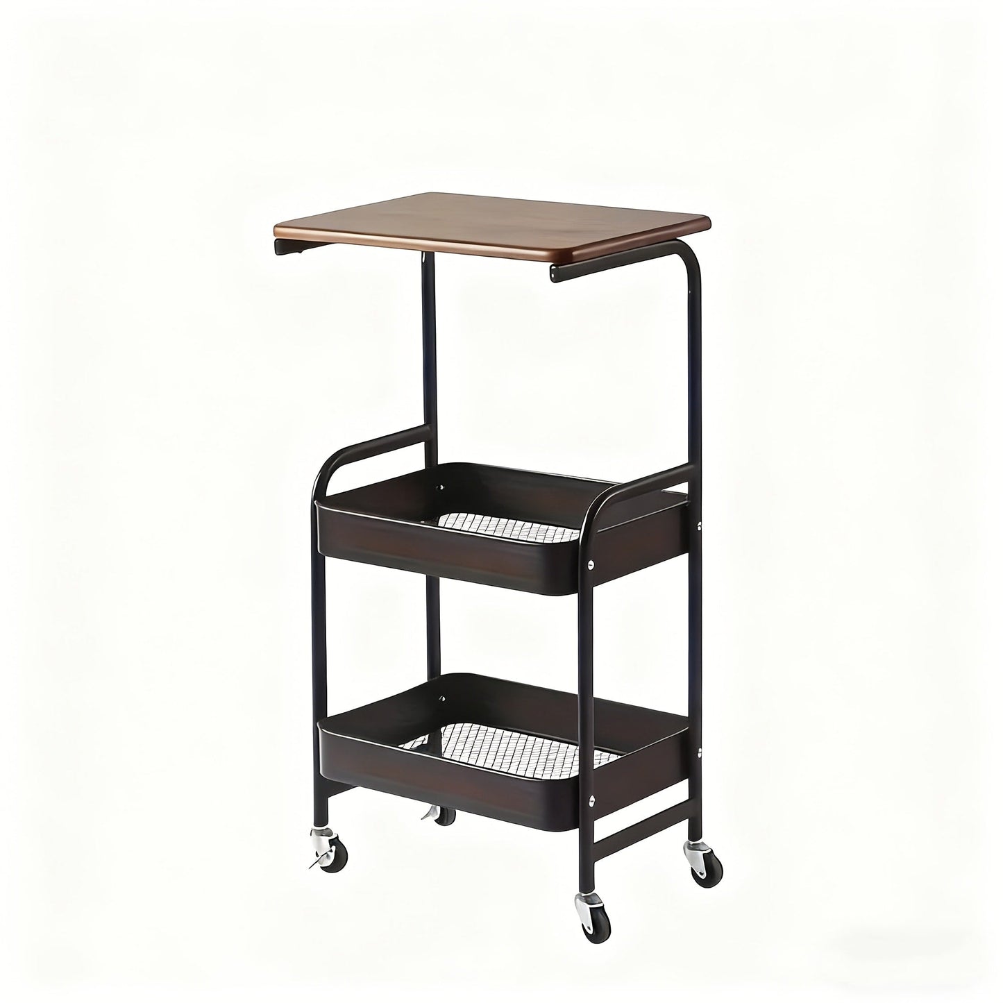Storage Trolley with Wheels 3-Tier Wooden Tabletop Rolling Cart – Reinforced Black Metal Frame, Locking Casters