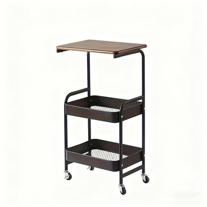 Storage Trolley with Wheels 3-Tier Wooden Tabletop Rolling Cart – Reinforced Black Metal Frame, Locking Casters
