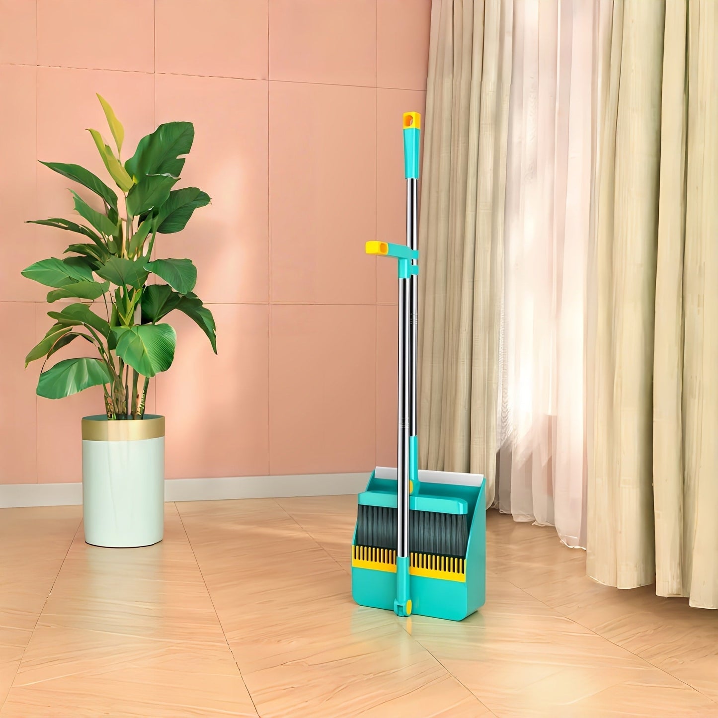 Long-Handle Broom and Dustpan Cleaning Set with Comb Teeth in Blue, Orange, White, Purple or Green
