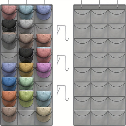Over the Door Hat Organizer 24 Pocket - Baseball Cap Rack with Large Clear Pockets for Entryways, Bedrooms and Living Spaces