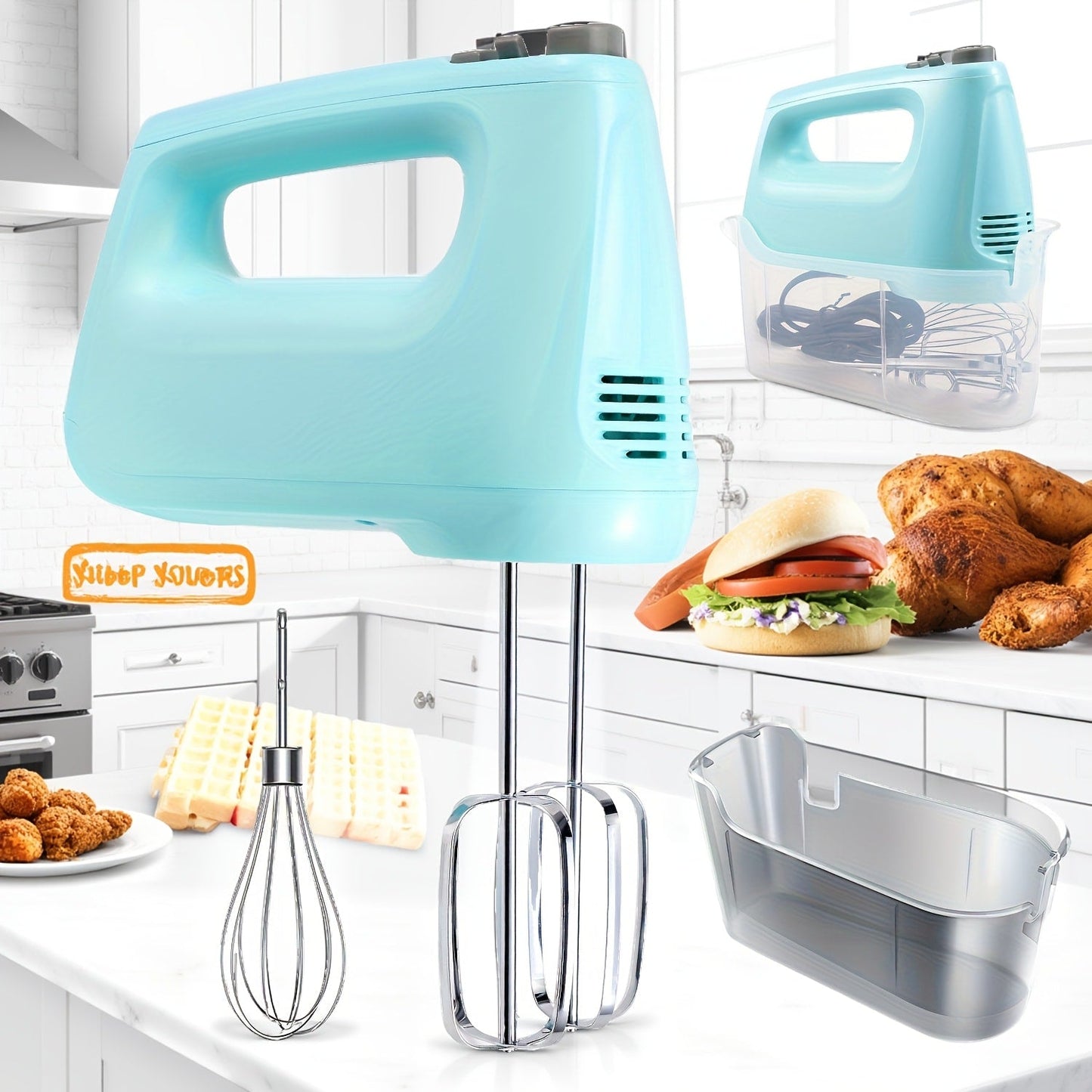 Electric Hand Mixer 250W with Storage Case, 5-Speed Plus Turbo Handheld Mixer with 5 Stainless Steel Attachments (2 Beaters