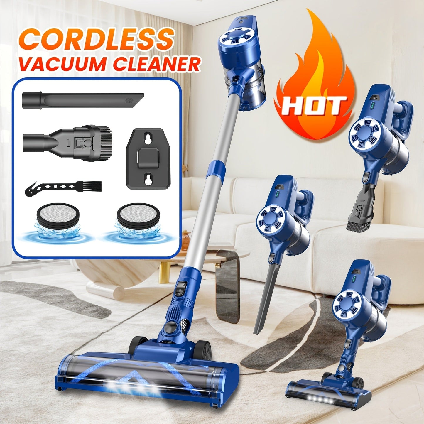 Cordless Vacuum Cleaner Stick Vacuum, MAX 70Kpa Suction, 45-Min Runtime, Anti-Tangle, 50.72oz Dust Cup