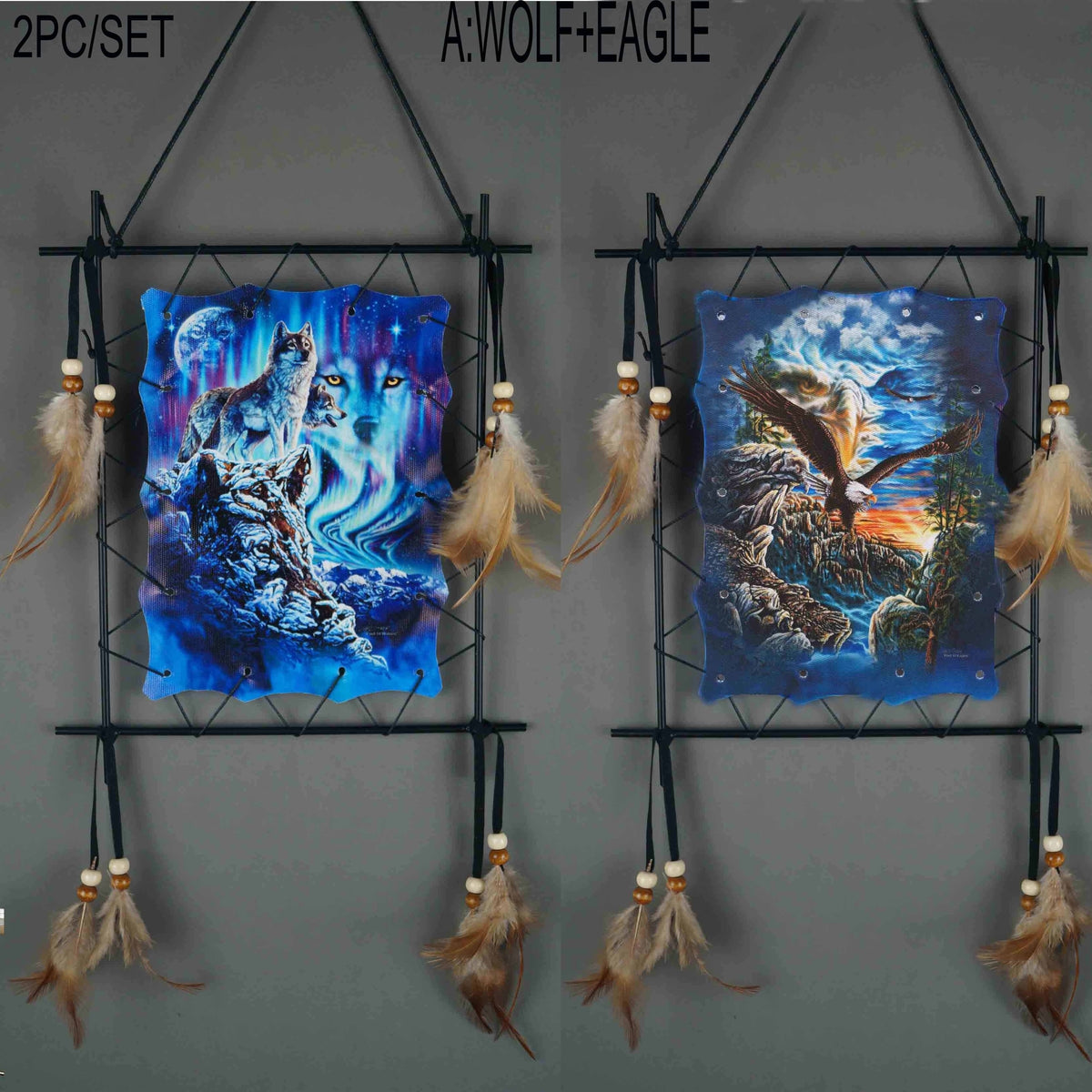 Wolf Eagle Dream Catcher Wall Art 2pcs Canvas Print Boho Native American Totem Hanging Decor with Feathers Wooden Beads Vintage Iron Frame