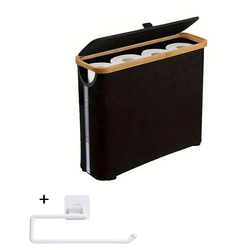 Lidded Toilet Paper Storage Basket with Bamboo-Style Rim in Five Color and Accessory Configurations