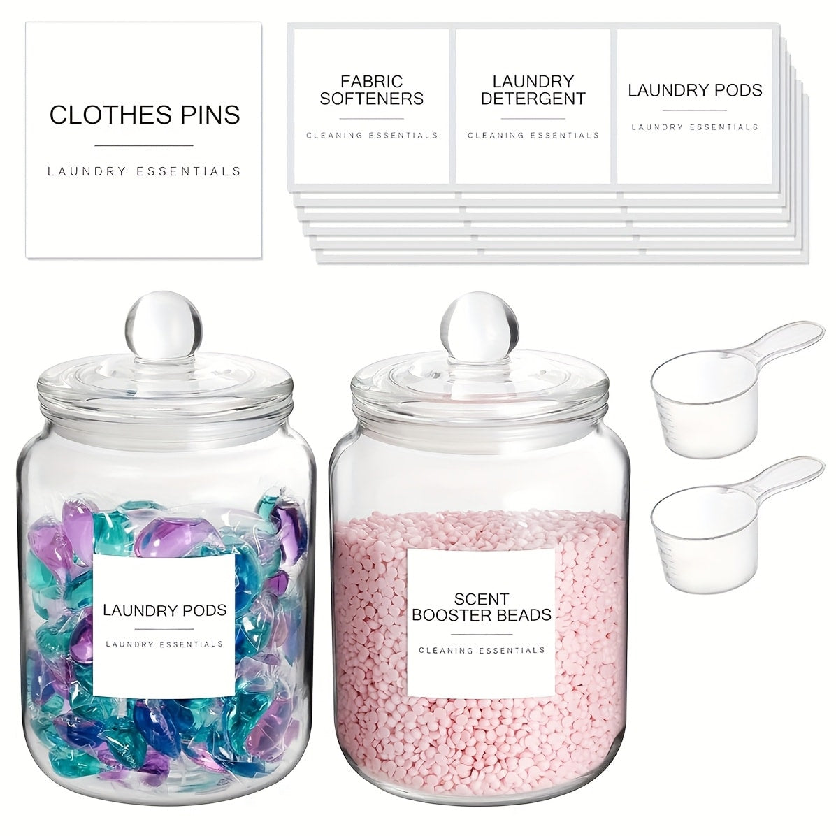 Airtight Glass Jars with Lids Labels and Spoons Half Gallon Storage Canisters for Laundry Detergent Pods Scent Booster Beads Kitchen Pantry
