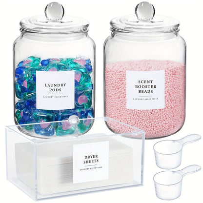 Airtight Glass Jars with Lids Labels and Spoons Half Gallon Storage Canisters for Laundry Detergent Pods Scent Booster Beads Kitchen Pantry