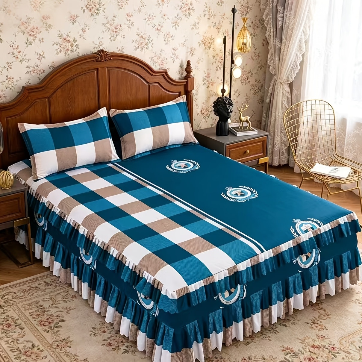 Floral Bed Skirt Set 3 Piece Tropical Print Ruffle Bed Skirt with 2 Pillowcases All-Season Polyester Machine Washable Bedroom Bedding Set