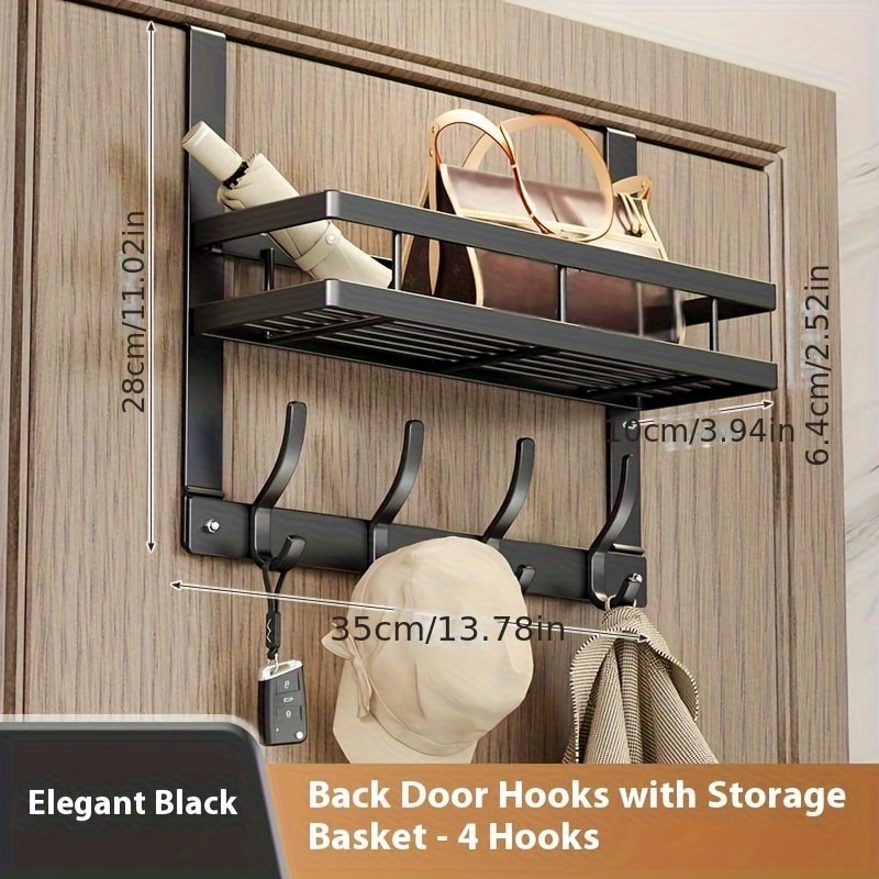 Over-the-Door Storage Rack with Metal Basket Shelf, 4 to 8 Hooks and Gray or Black Length Options
