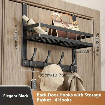 Over-the-Door Storage Rack with Metal Basket Shelf, 4 to 8 Hooks and Gray or Black Length Options