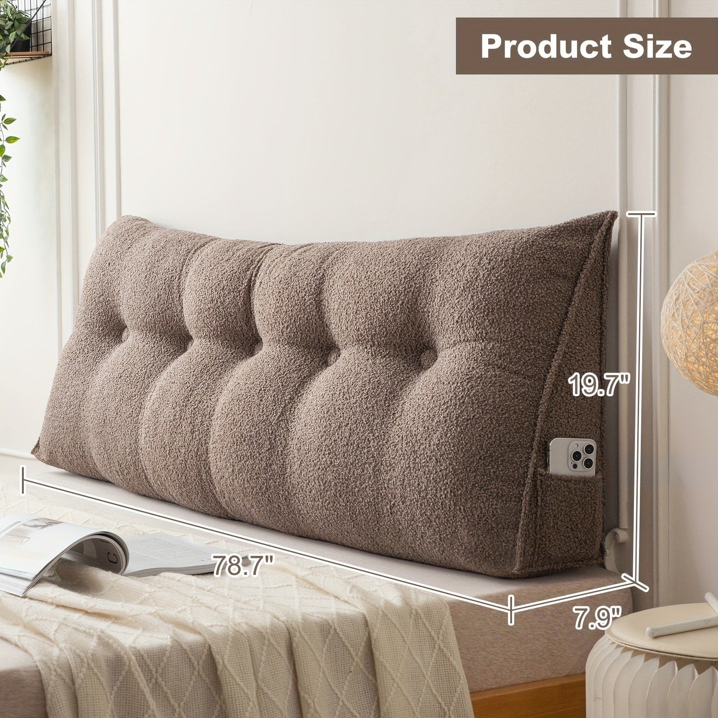 Bed Wedge Pillow Headboard Pillow with Side Pockets Removable Cover Teddy Velvet Reading Pillow Twin Queen King