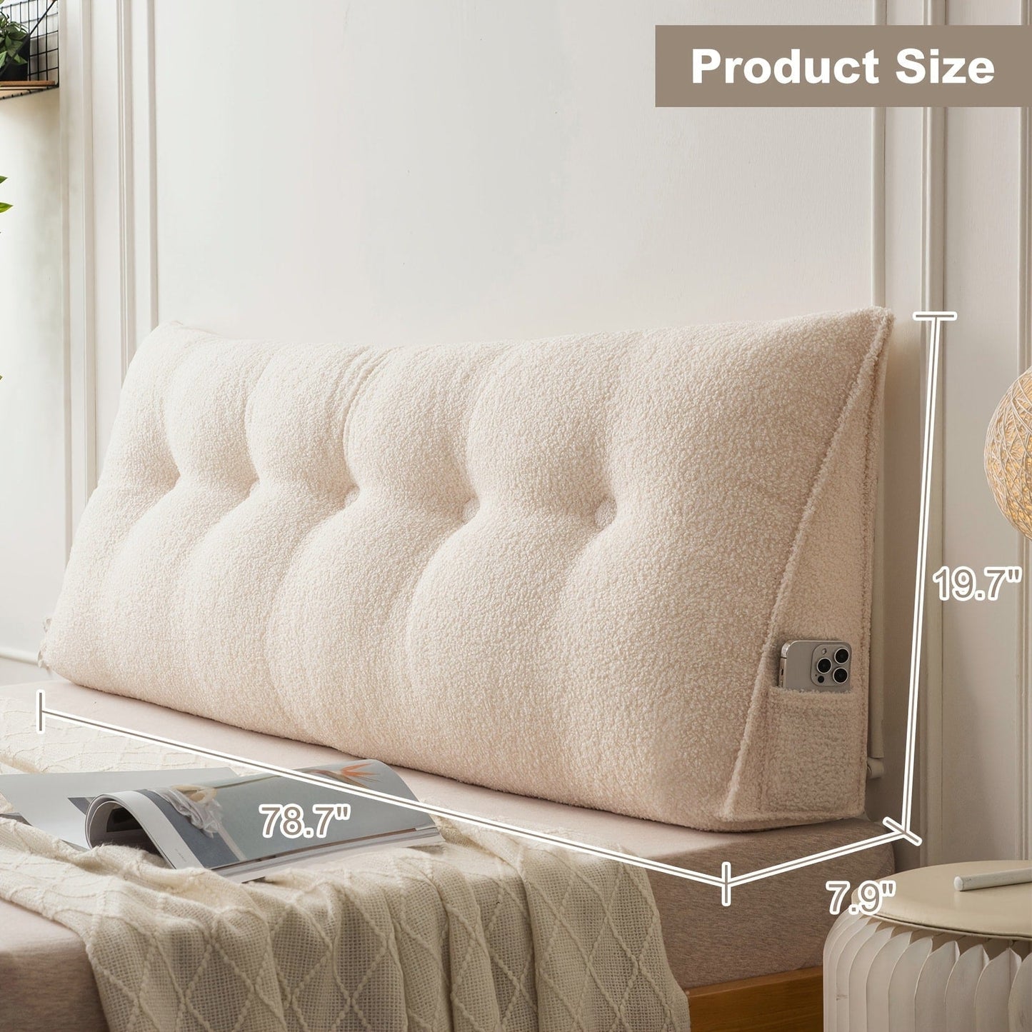 Bed Wedge Pillow Headboard Pillow with Side Pockets Removable Cover Teddy Velvet Reading Pillow Twin Queen King