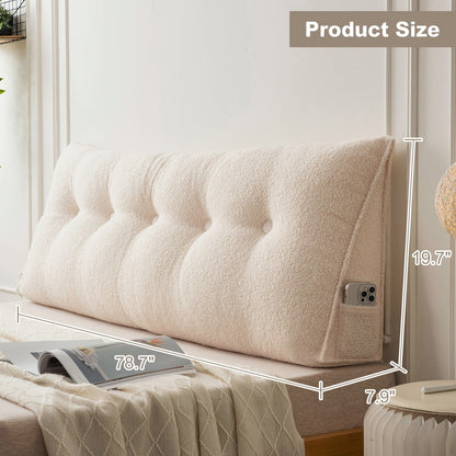 Bed Wedge Pillow Headboard Pillow with Side Pockets Removable Cover Teddy Velvet Reading Pillow Twin Queen King