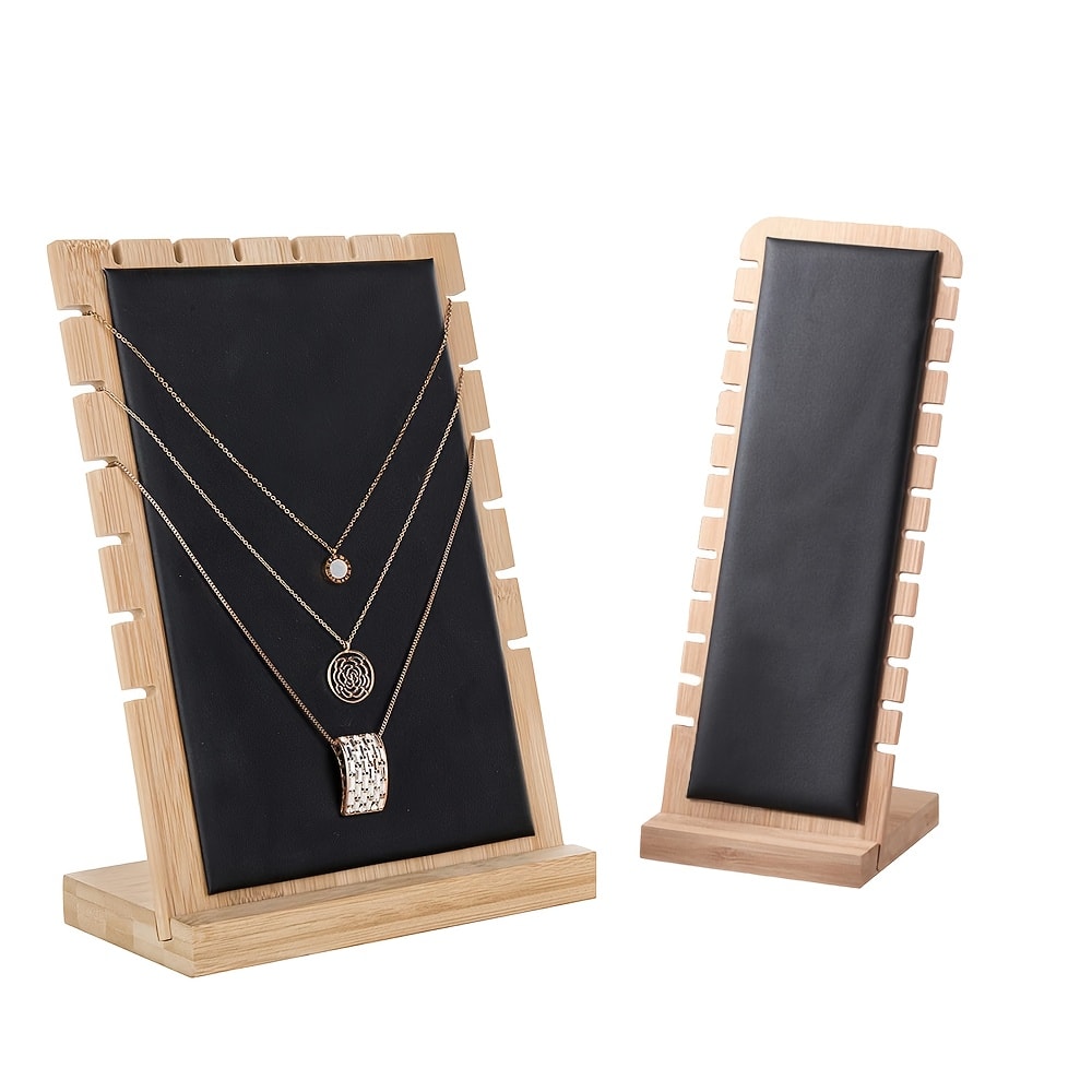 Bamboo Jewelry Necklace Display Stand 2 Pack - Multi-Hook Necklace Holder Tower, Tabletop Showcase Organizer for Retail Store