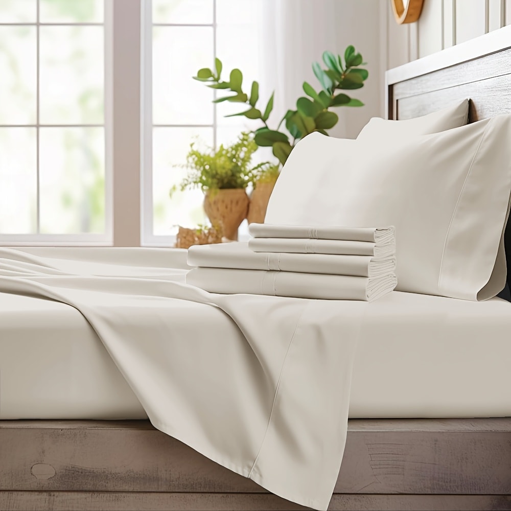 Bamboo Cooling Sheet Set 4pcs, Deep Pocket Fitted Sheet Flat Sheet Pillowcases for Hot Sleepers Twin Full Queen King