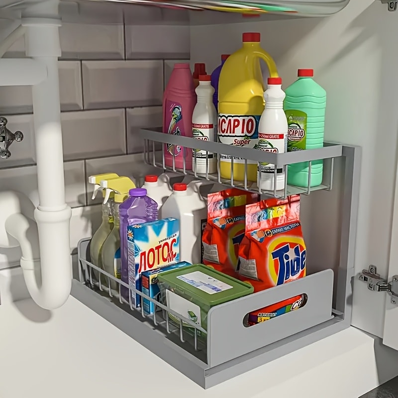 Under Sink Storage Organizer 2-Tier Slide-Out Shelf in 1 or 2 Packs and Three Color Options