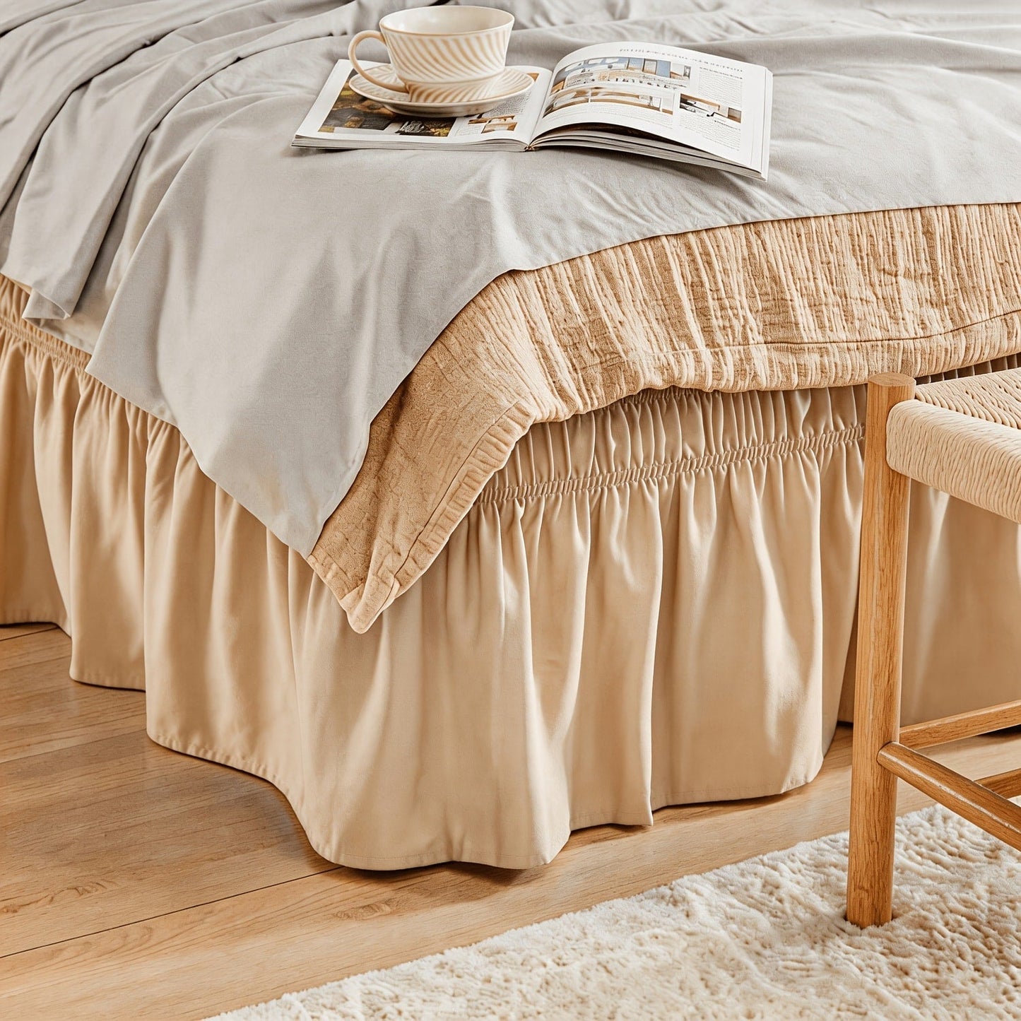 Bed Skirt Elastic Wrap Around Ruffle – 15 Inch Drop Microfiber Dust Ruffle, Adjustable No-Lift Fit, Fade Resistant Machine Washable