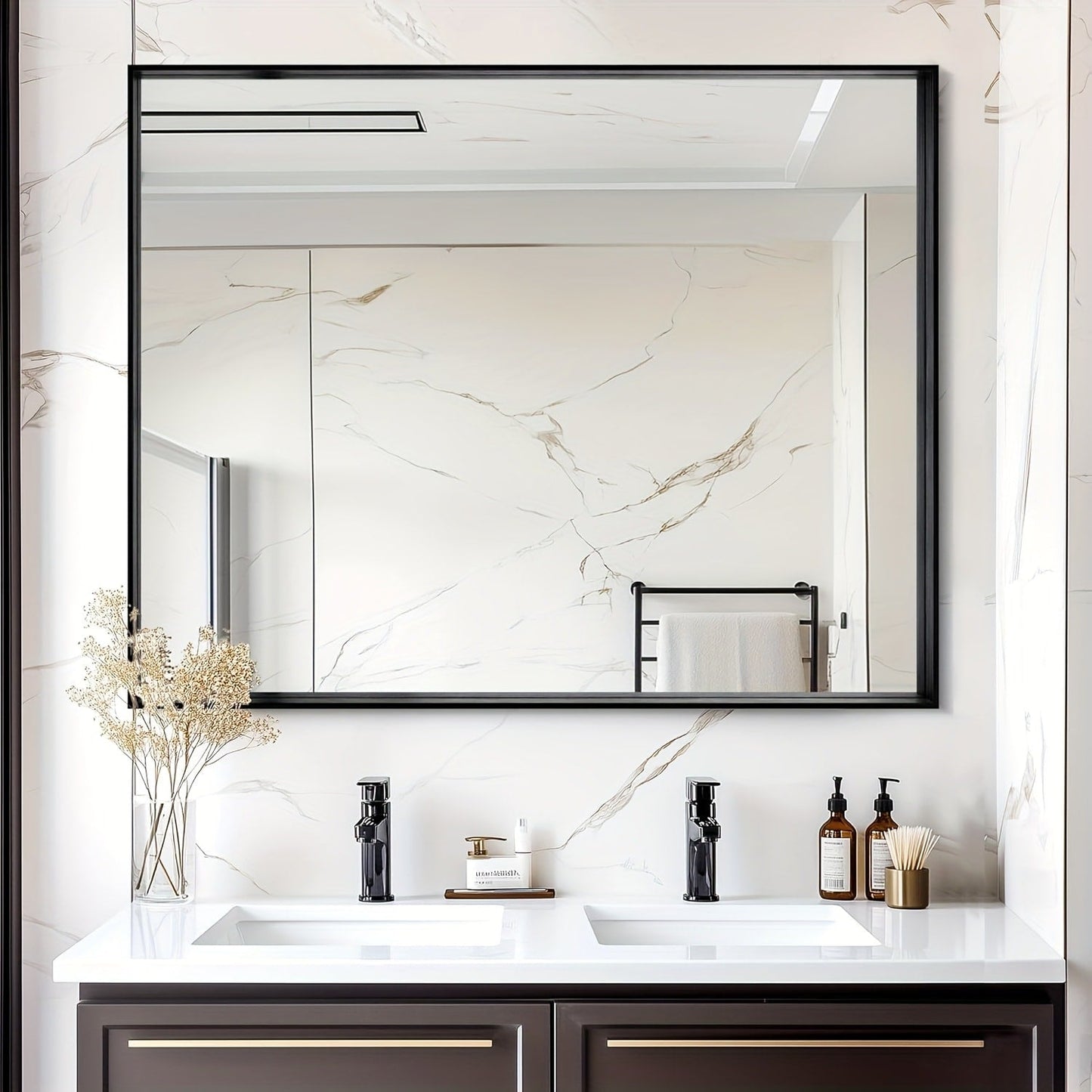 Rectangular Metal-Frame Bathroom Mirror in Black, Gold or Silver with Six Sizes and Dual Orientation
