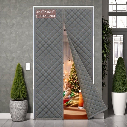 Thermal Insulated Door Curtain Magnetic Closure Knit Plaid Pattern – Windproof Insulation Blanket for Front Door, Sliding Glass
