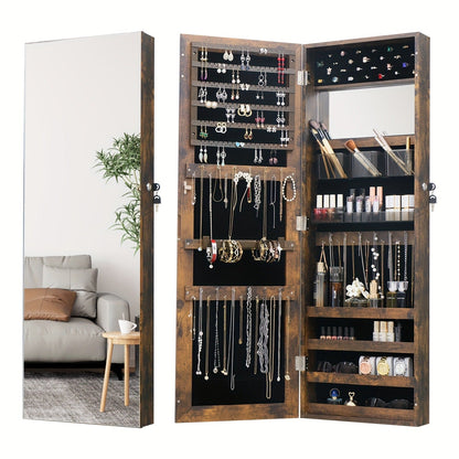 Full Length Mirror Jewelry Armoire Cabinet, 2-in-1 Lockable Over the Door Mirror with Jewelry Storage, Makeup Organizer with Baskets Bins