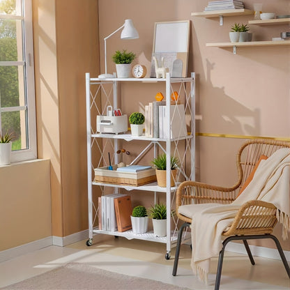 Three-to-Five-Tier Foldable Storage Rack with Carbon Steel Frame, Lockable Wheels and Three Colors