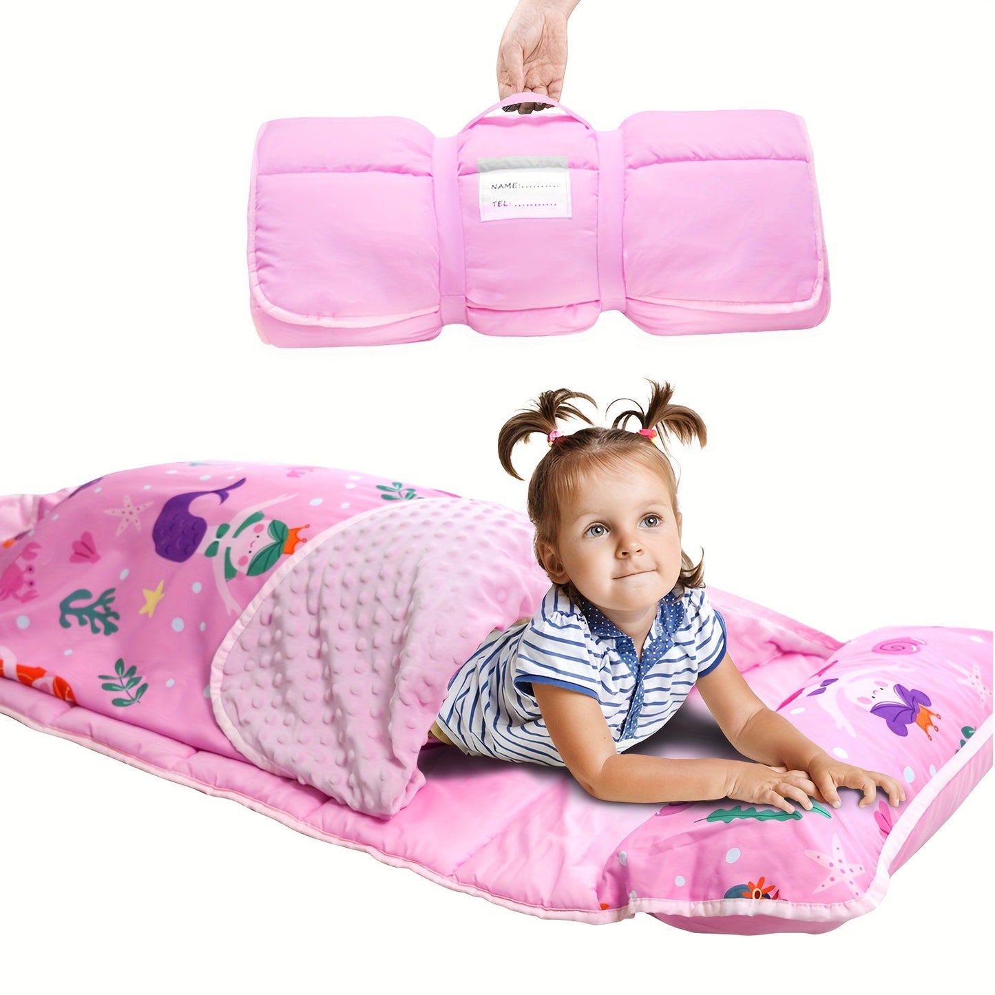 Kids Nap Mat with Pillow Foldable Minky Dot Cooling Breathable Portable Preschool Daycare Mat for Entryways, Bedrooms and Living Spaces