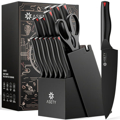 Kitchen Knife Set by ASETY, 15-Piece Stainless Steel Block Set with PP Handles in Two Finish Options