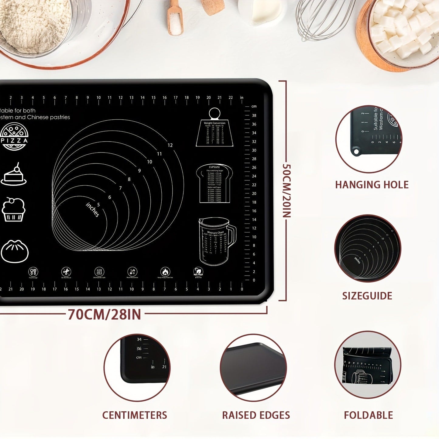 Silicone Pastry Mat Extra Thick Baking Mat with Measurements for Dough Rolling Pizza Cake for Entryways, Bedrooms and Living Spaces
