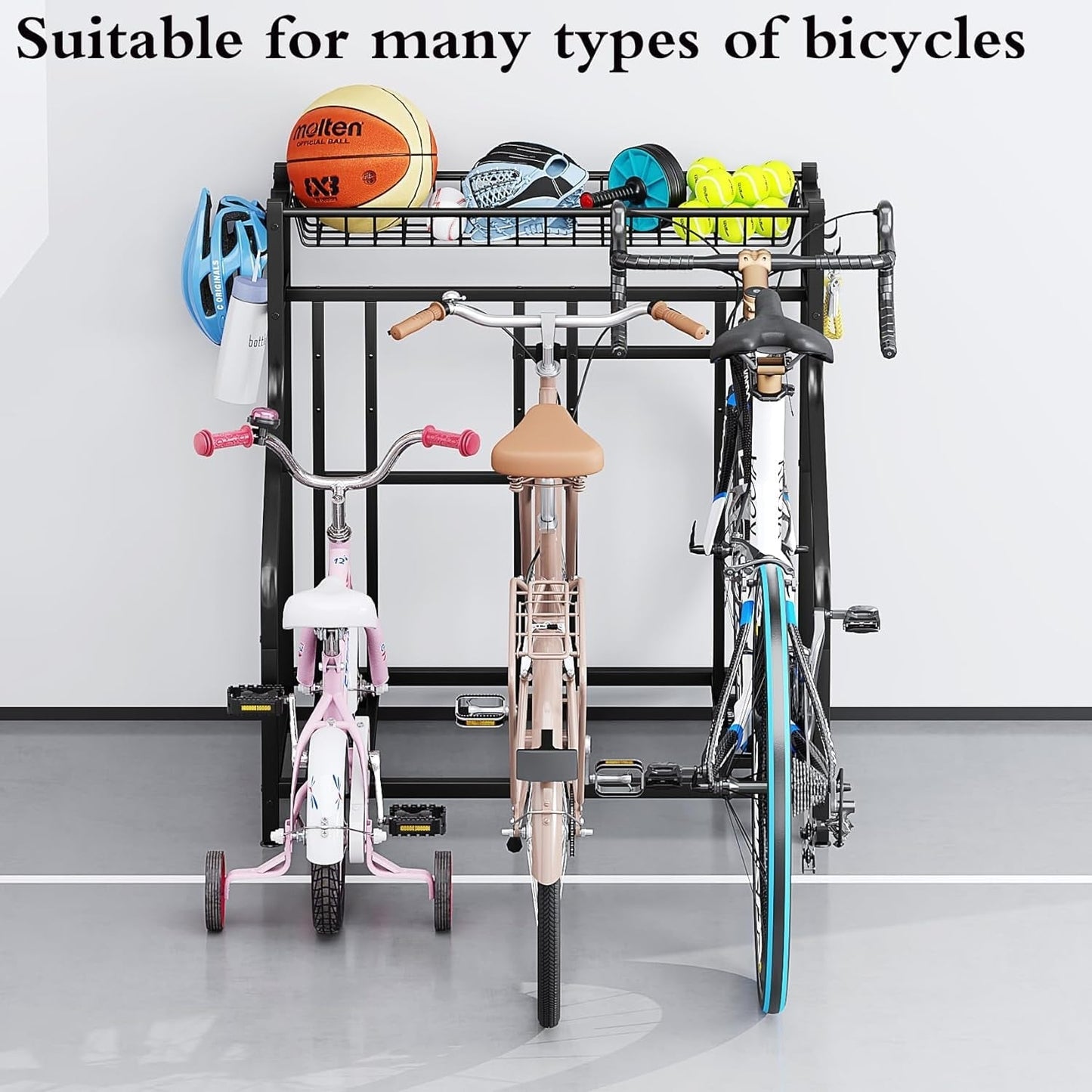 Freestanding Bike Storage Stand with Basket & Hooks, Adjustable Floor Rack for 3-4 Bikes, Indoor Outdoor Garage Organizer