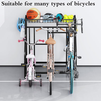Freestanding Bike Storage Stand with Basket & Hooks, Adjustable Floor Rack for 3-4 Bikes, Indoor Outdoor Garage Organizer